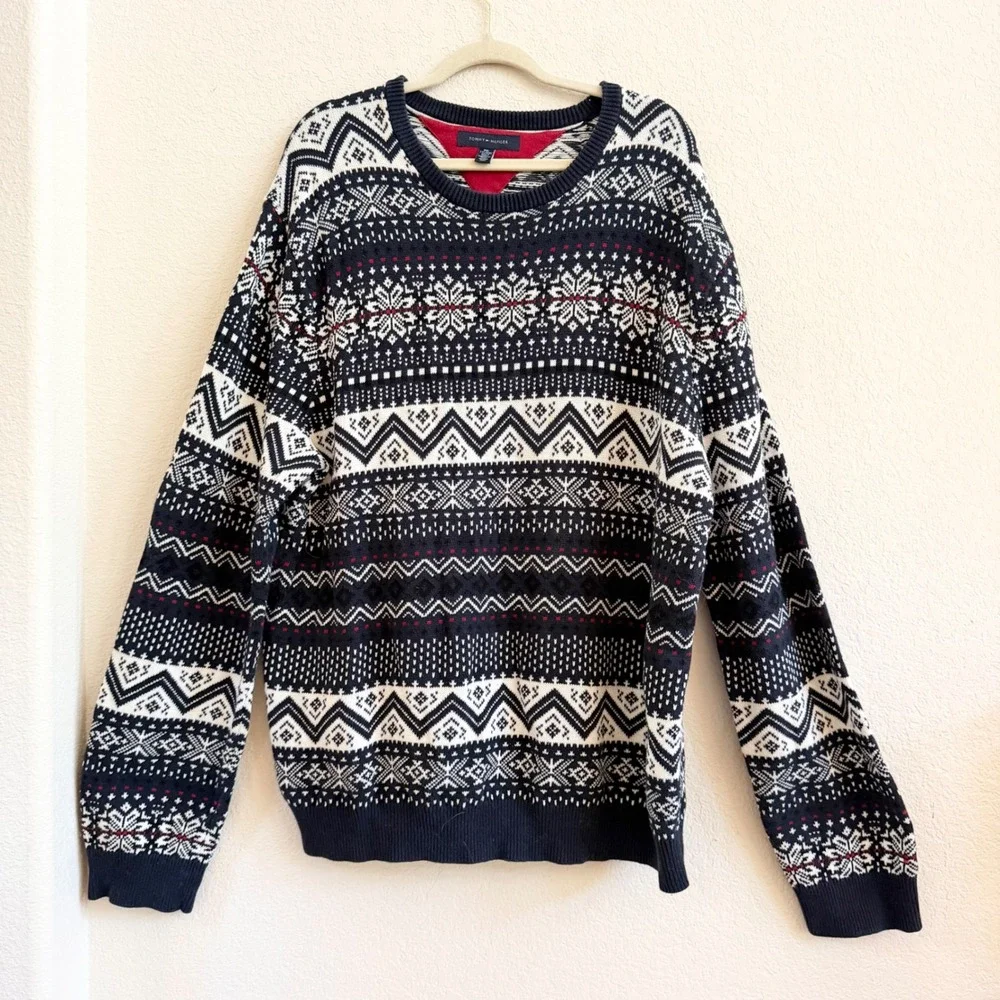Tommy Hilfiger Mens XXL Navy Blue Fair Isle Cotton Crewneck Sweater Snowflake